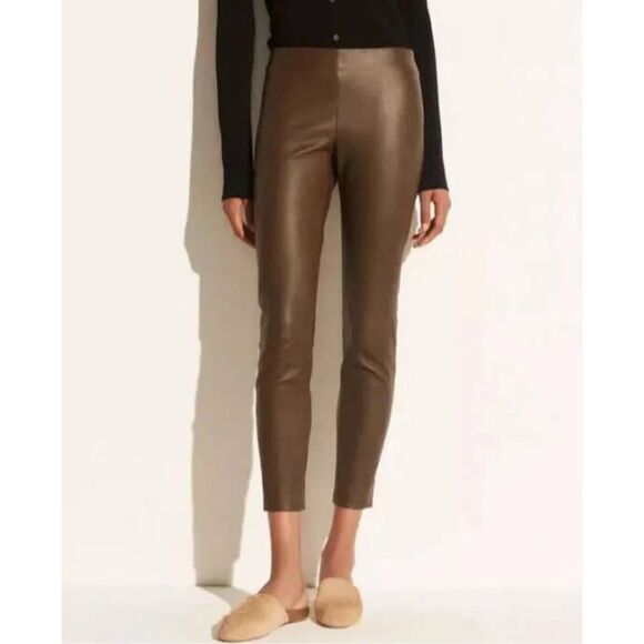 Vince Womens Lamb Leather Slim Ankle Zip Low Rise Legging Pants Brown XS NWT $99 - Picture 1 of 14